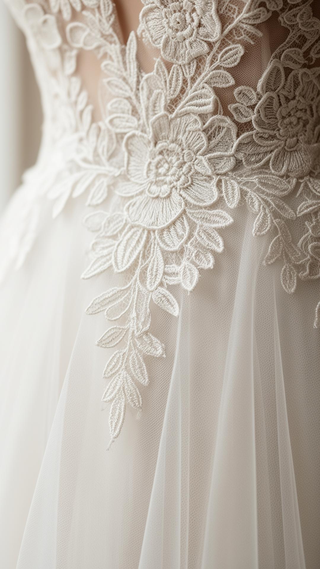 Detailaufnahme moderner Brautkleidspitze mit filigranen Blütenstickereien auf zartem Tüll